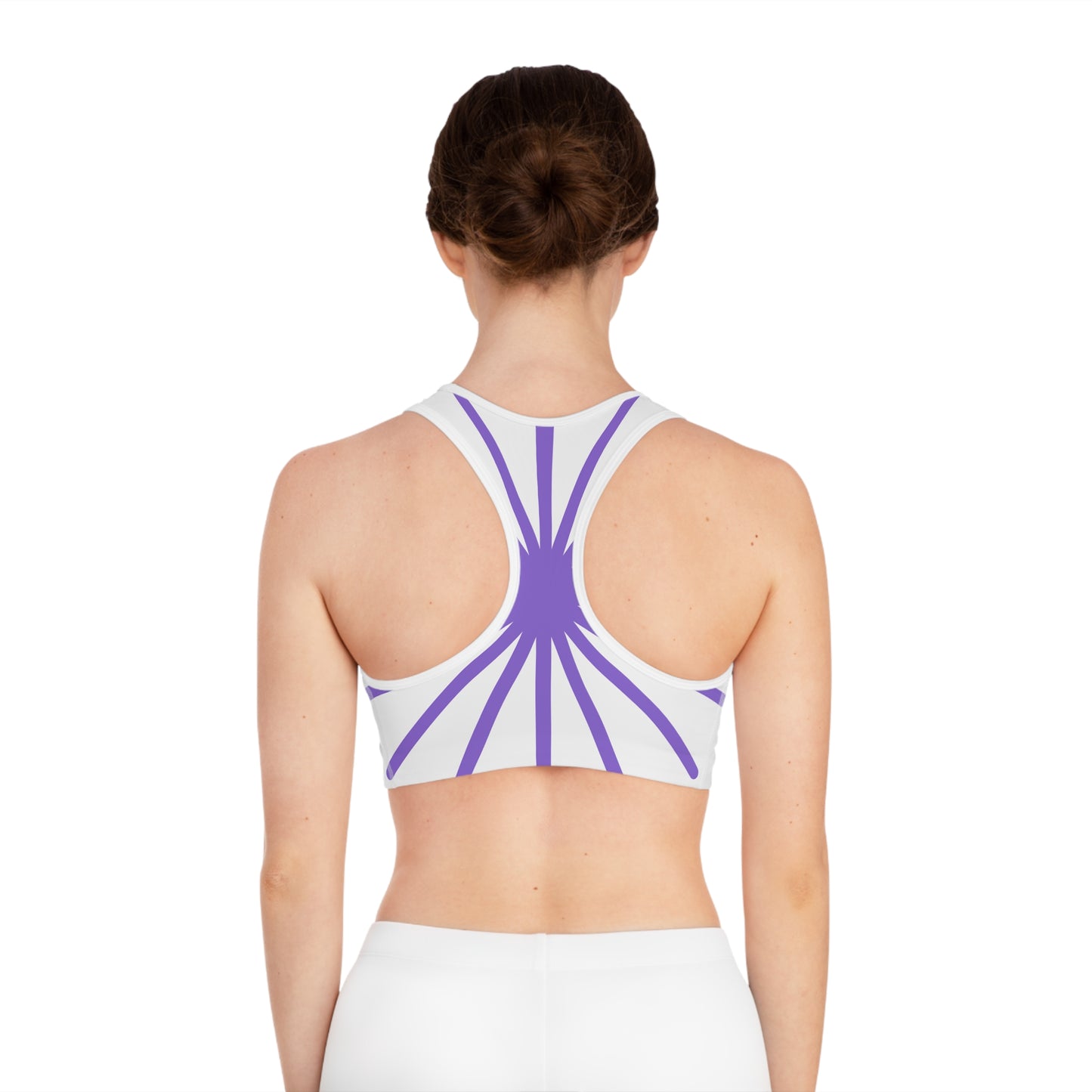 Purple Sunrays/White Base, Sports Bra (AOP)
