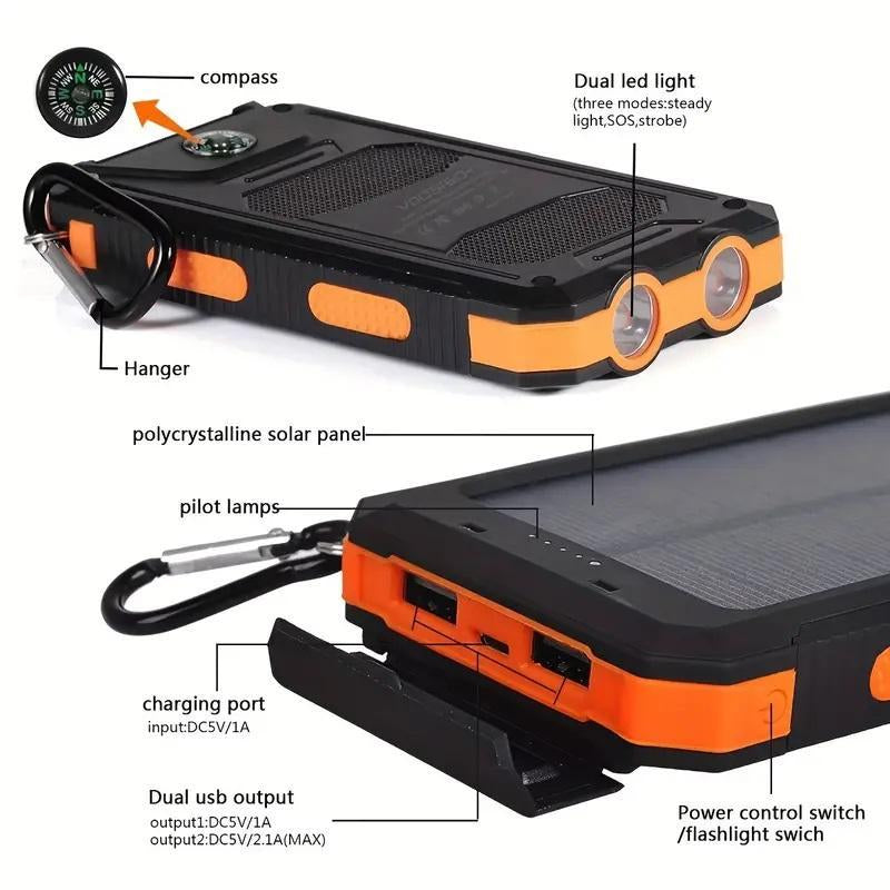 Portable Solar Power Bank, 1 Count 8000Mah Solar Charger with Double Bright LED Flashlight, Multifunction Power Banks for Outdoor Camping