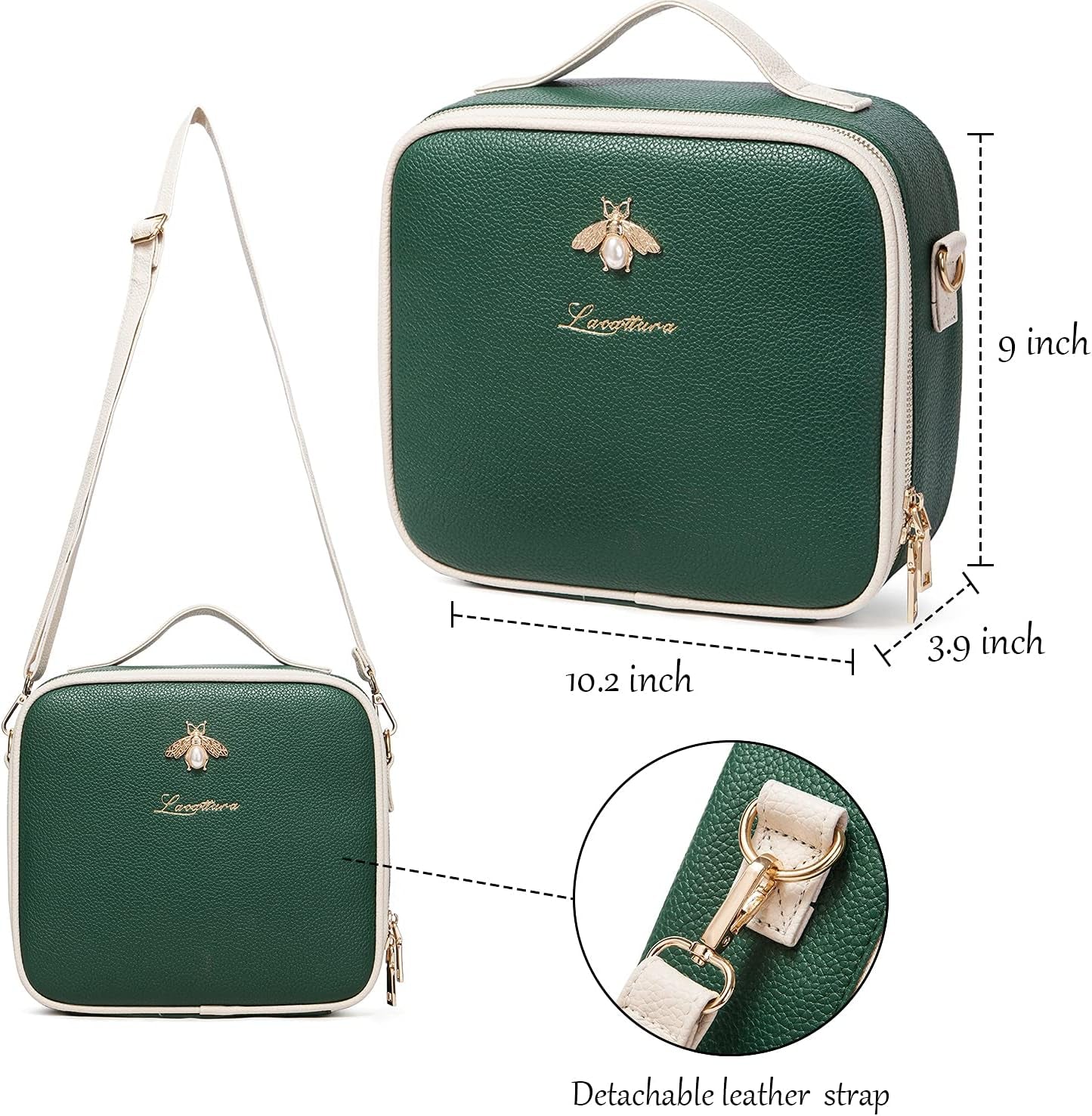 LACATTURA Travel Makeup Bag, Leather Makeup Train Case Cosmetic Organizer for Makeup Brushes Toiletry Digital Accessories, Portable Artist Storage Bag with Shoulder Strap for Women Lady Green