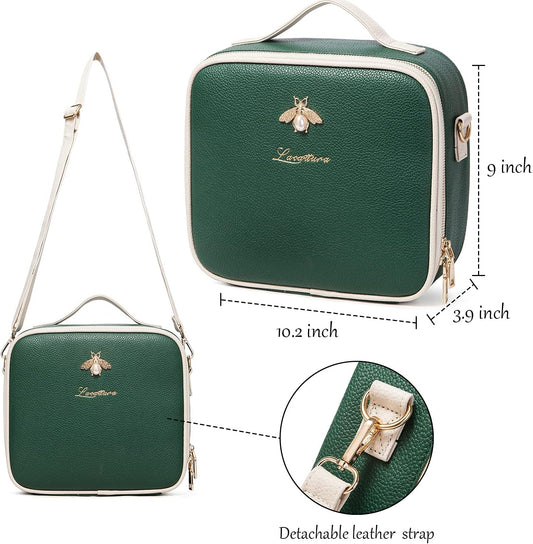 LACATTURA Travel Makeup Bag, Leather Makeup Train Case Cosmetic Organizer for Makeup Brushes Toiletry Digital Accessories, Portable Artist Storage Bag with Shoulder Strap for Women Lady Green