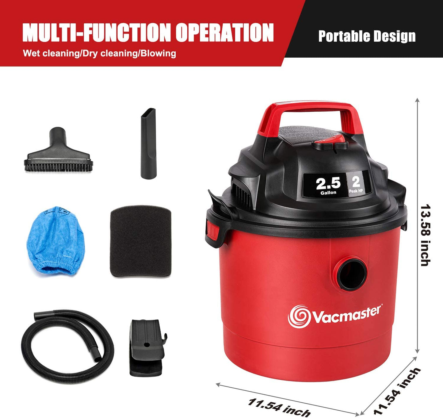 Vacmaster 2.5 Gallon Shop Vacuum Cleaner 2 Peak HP Power Suction Lightweight 3-In-1 Wet Dry Vacuum with Blower & Wall Mount Design for Cleaning Car, Boat, Pet Hair, Hard Floor