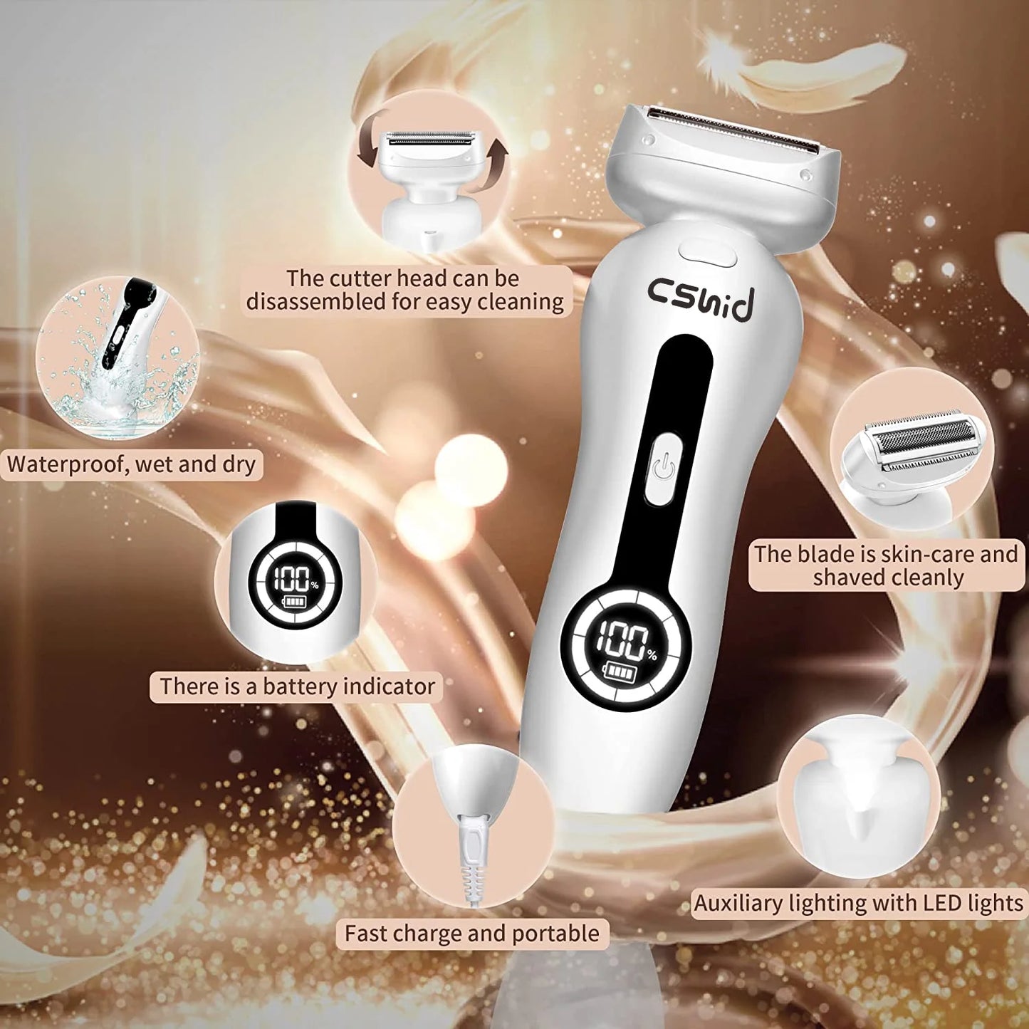 Electric Razor for Women, Painless Womens Electric Shaver, Low Noise Bikini Trimmer Body Hair Removal Rechargeable Wet/Dry Cordless Epilator with LCD Display & Charging Stand for Legs Arm Underarms