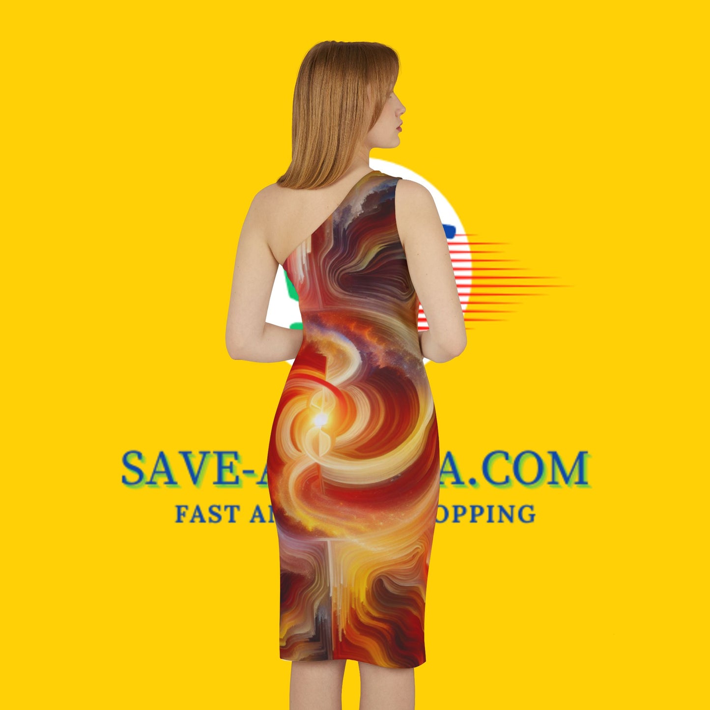 Logo Base, Multi Gold/Red Printed, Shoulder Dress (AOP)