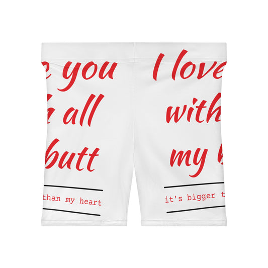 Funny Love/Red Letters/White Base, Women's Biker Shorts (AOP)