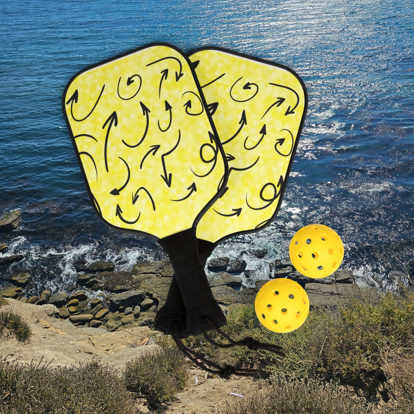 Pickleball Paddle Set – Yellow Swirl Design Kit (2 Paddles + 2 Balls)