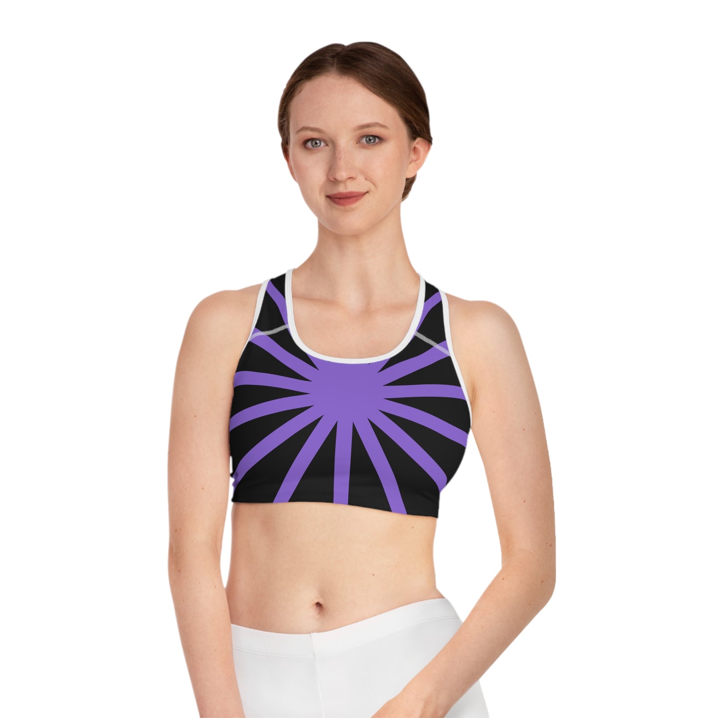 Purple Sunrays/ Black Base, Sports Bra (AOP)