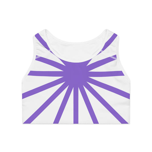 Purple Sunrays/White Base, Sports Bra (AOP)