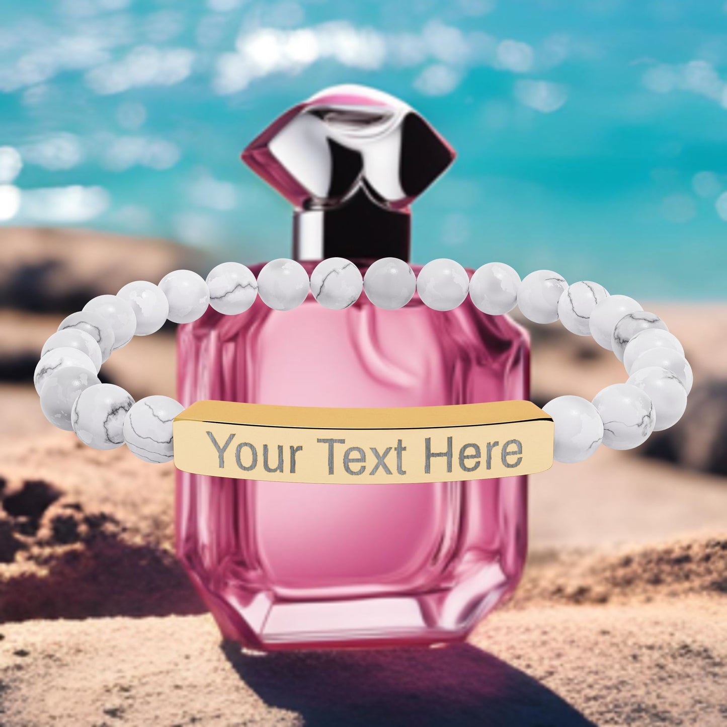 Engravable Natural Stone Stretch Bracelet — Custom Name Bar