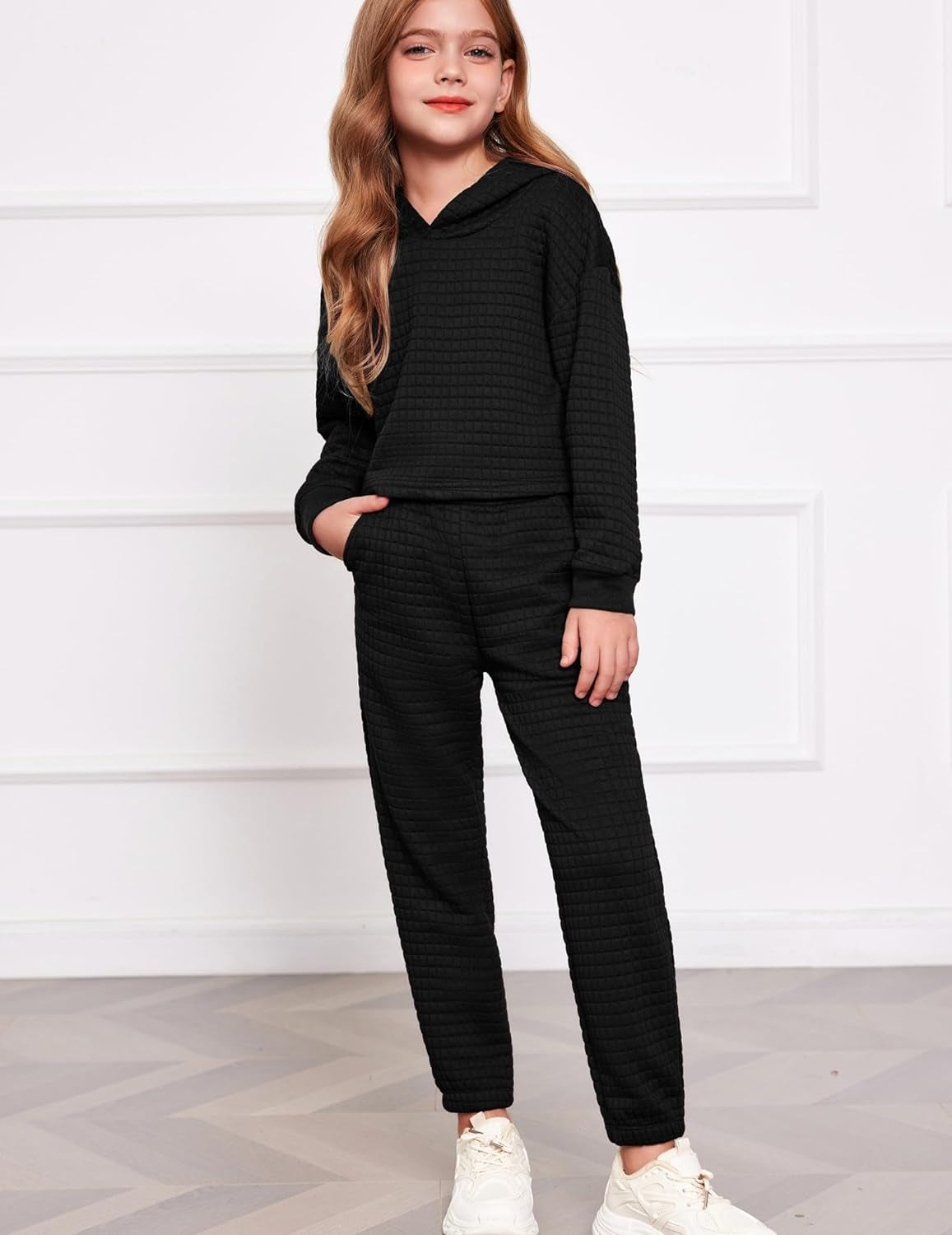 Arshiner Girls 2 Piece Outfit Waffle Knit Pullover Hooded Sweatshirt and Sweatpants Clothing Sets Long Sleeve Tracksuits