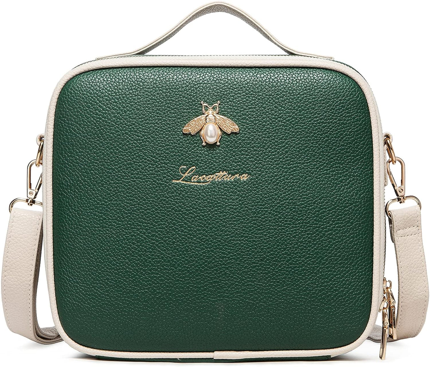 LACATTURA Travel Makeup Bag, Leather Makeup Train Case Cosmetic Organizer for Makeup Brushes Toiletry Digital Accessories, Portable Artist Storage Bag with Shoulder Strap for Women Lady Green