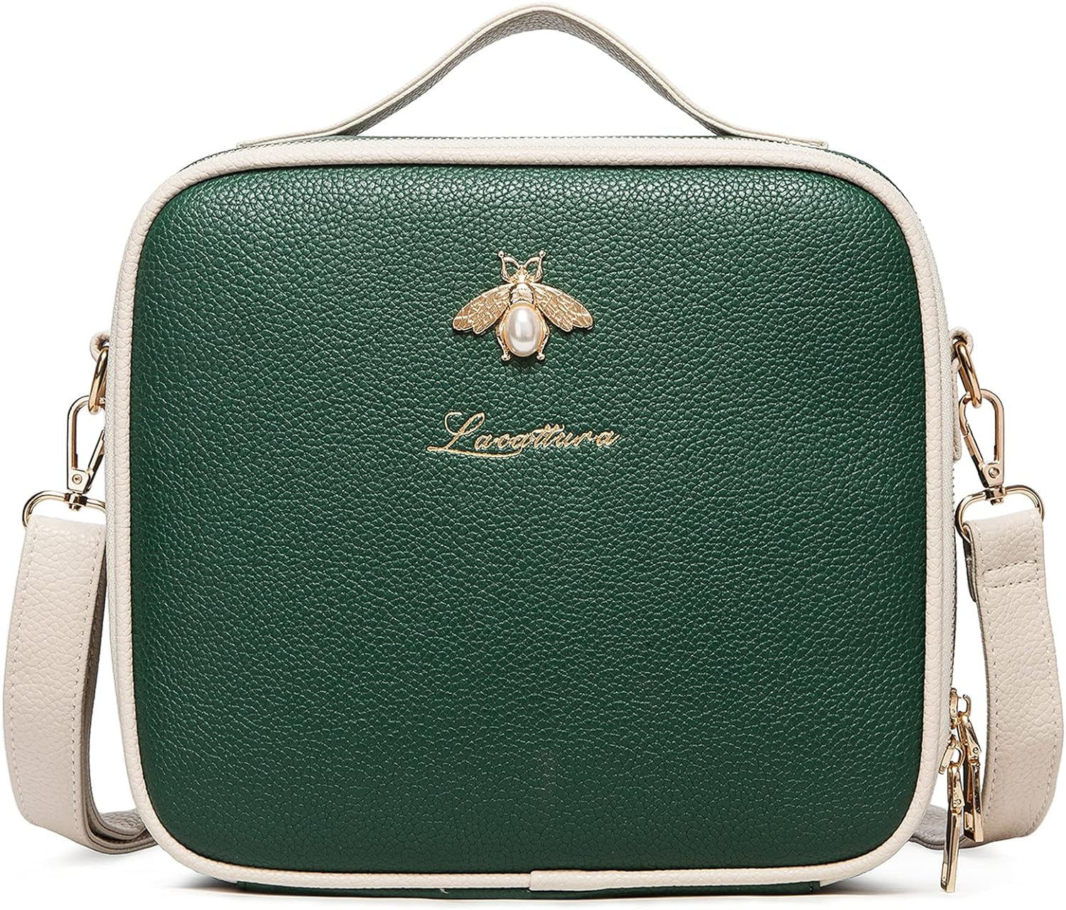 LACATTURA Travel Makeup Bag, Leather Makeup Train Case Cosmetic Organizer for Makeup Brushes Toiletry Digital Accessories, Portable Artist Storage Bag with Shoulder Strap for Women Lady Green