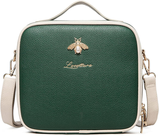 LACATTURA Travel Makeup Bag, Leather Makeup Train Case Cosmetic Organizer for Makeup Brushes Toiletry Digital Accessories, Portable Artist Storage Bag with Shoulder Strap for Women Lady Green