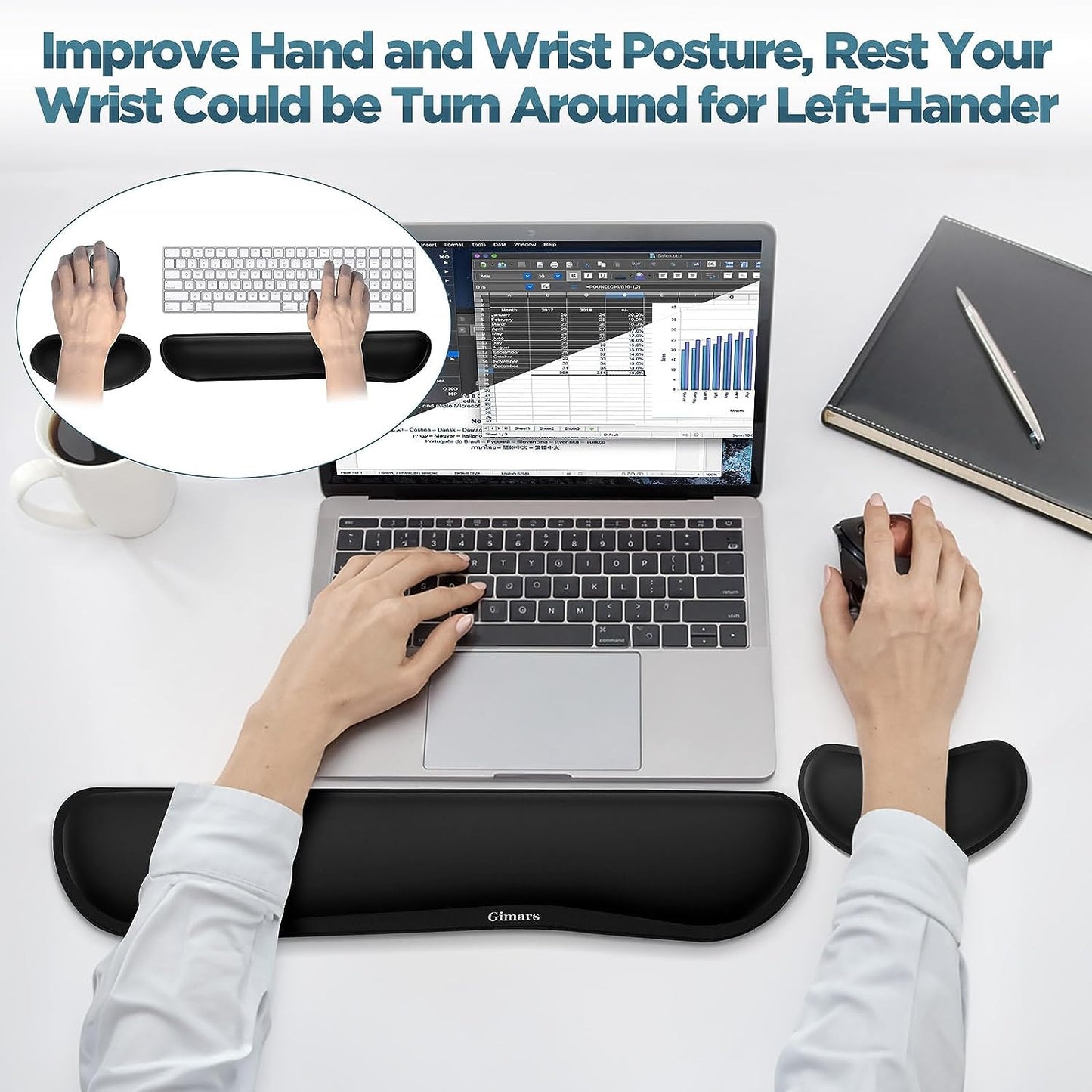 Gimars Upgrade Enlarge Silky and Superfine Fabric Gel Memory Foam Keyboard Wrist Rest Set, Ergonomic Keyboard Mouse Wrist Support for Typing Pain Relief, Comfort for Office, Gaming, Computer, Black