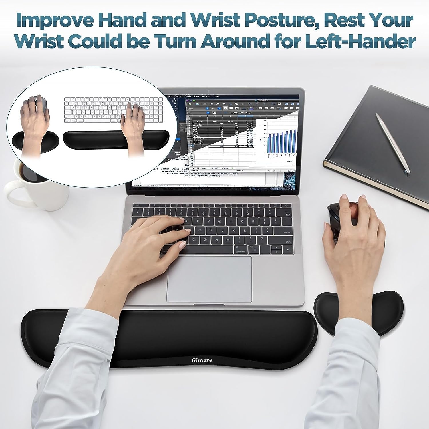 Gimars Upgrade Enlarge Silky and Superfine Fabric Gel Memory Foam Keyboard Wrist Rest Set, Ergonomic Keyboard Mouse Wrist Support for Typing Pain Relief, Comfort for Office, Gaming, Computer, Black