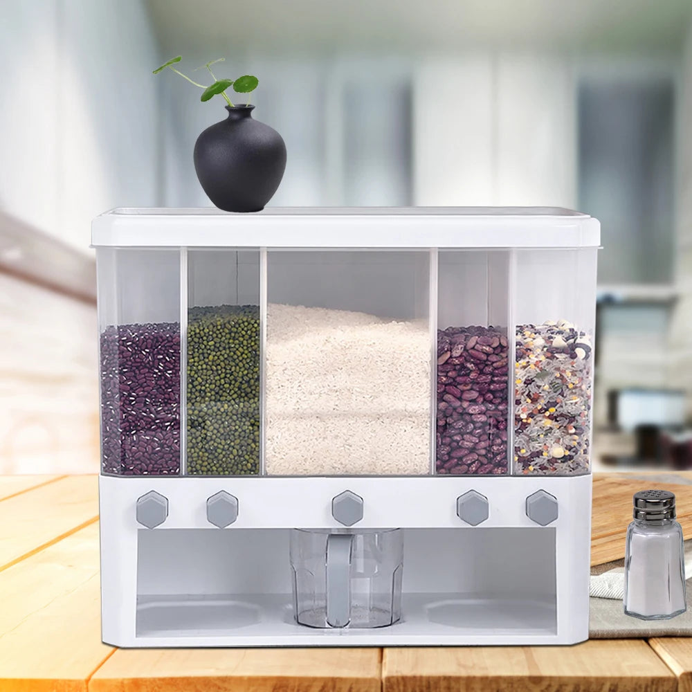 Dry Food Dispenser 5-Grid Cereal Dispensers Food Storage Container Kitchen