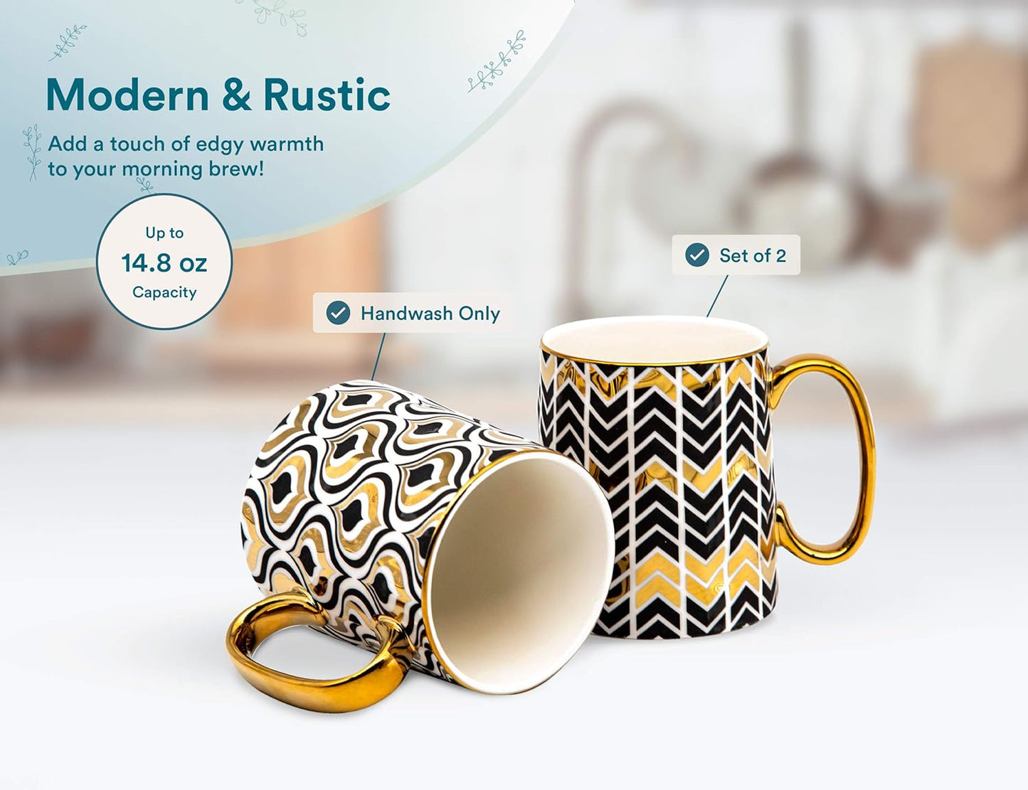 Kook Gold Coffee Mugs, Coffee Mug Set, Coffee Cup, Tea Cups, Porcelian, Geometric Design, Tea Cups with Handels, 14.8 Oz, Black and Gold, Set of 2