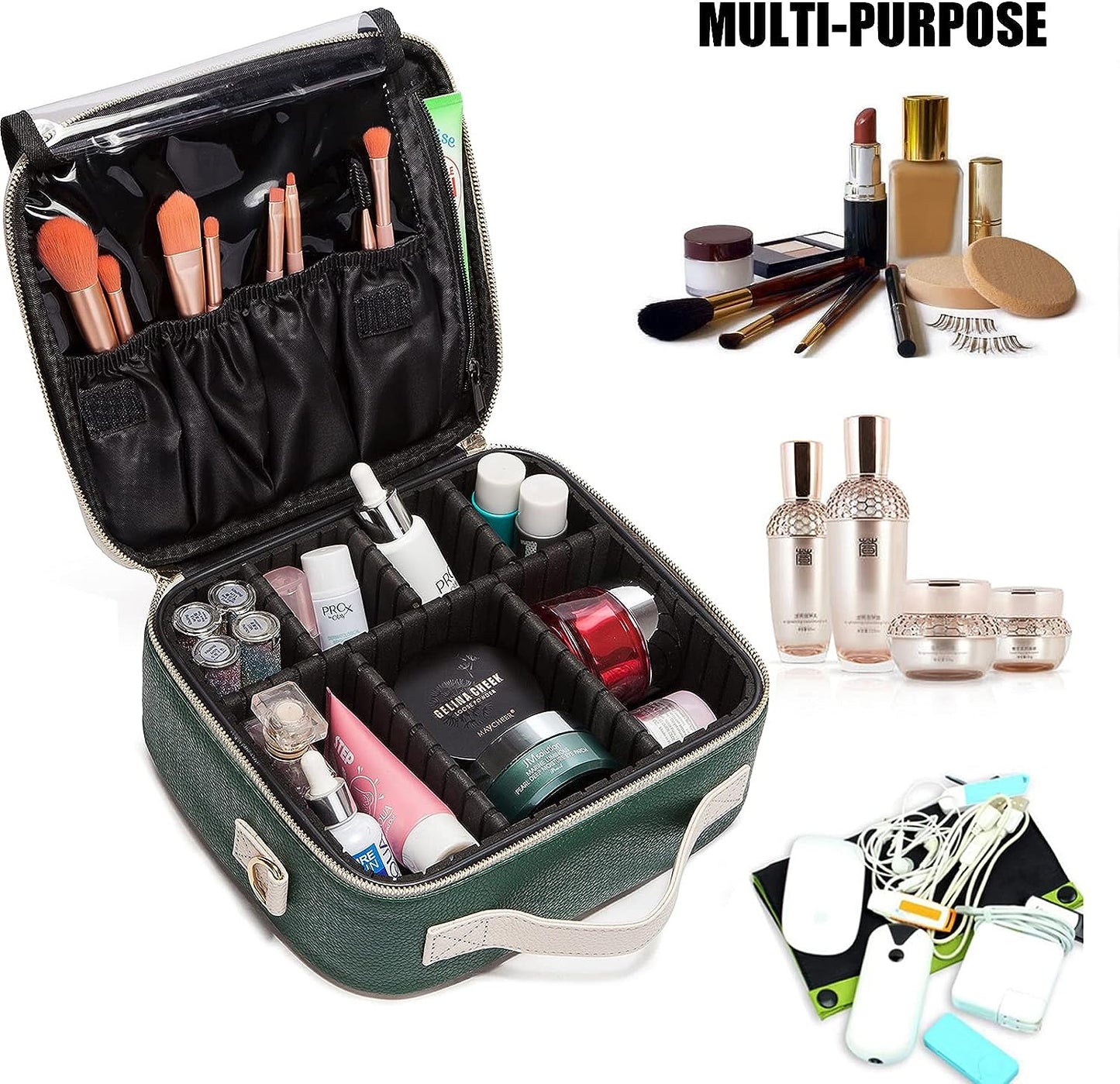 LACATTURA Travel Makeup Bag, Leather Makeup Train Case Cosmetic Organizer for Makeup Brushes Toiletry Digital Accessories, Portable Artist Storage Bag with Shoulder Strap for Women Lady Green