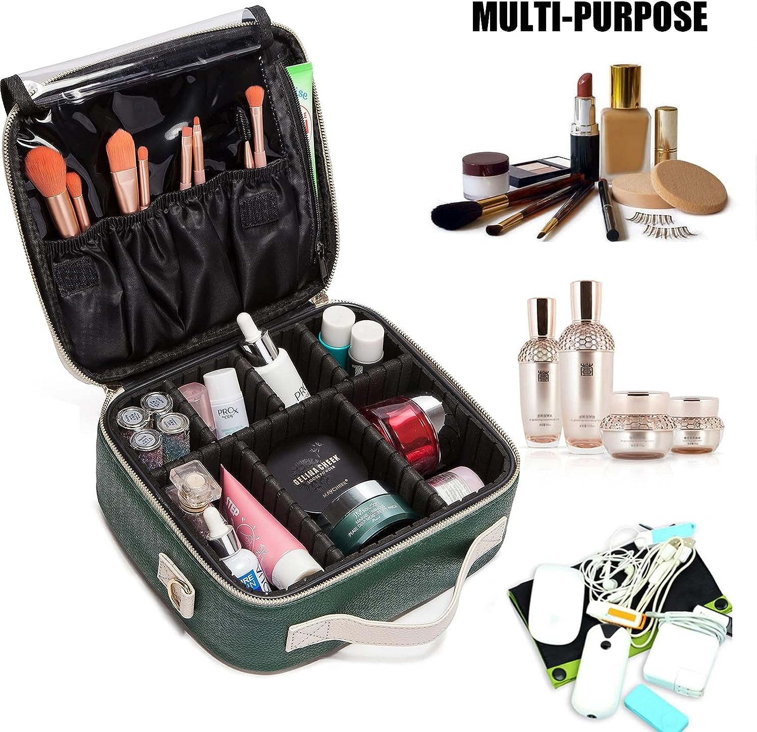 LACATTURA Travel Makeup Bag, Leather Makeup Train Case Cosmetic Organizer for Makeup Brushes Toiletry Digital Accessories, Portable Artist Storage Bag with Shoulder Strap for Women Lady Green