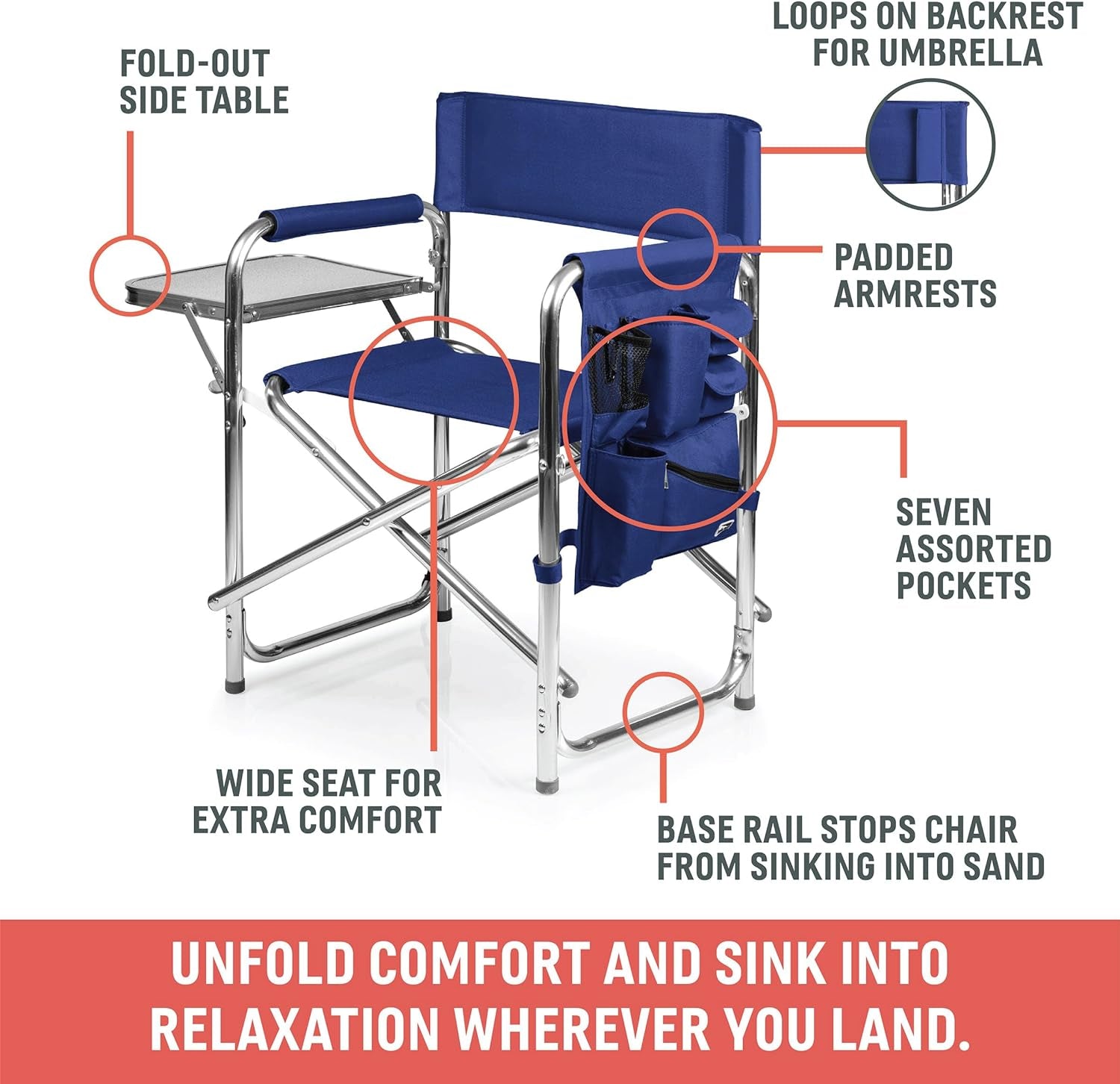 ONIVA - a Picnic Time Brand - Sports Chair with Side Table, Beach Chair, Camp Chair for Adults, (Red)