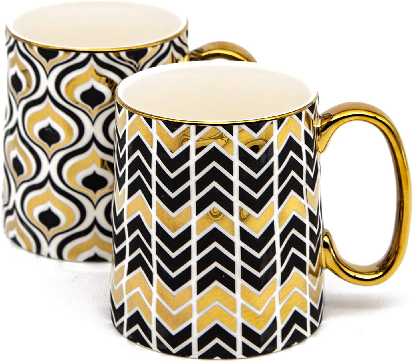Kook Gold Coffee Mugs, Coffee Mug Set, Coffee Cup, Tea Cups, Porcelian, Geometric Design, Tea Cups with Handels, 14.8 Oz, Black and Gold, Set of 2