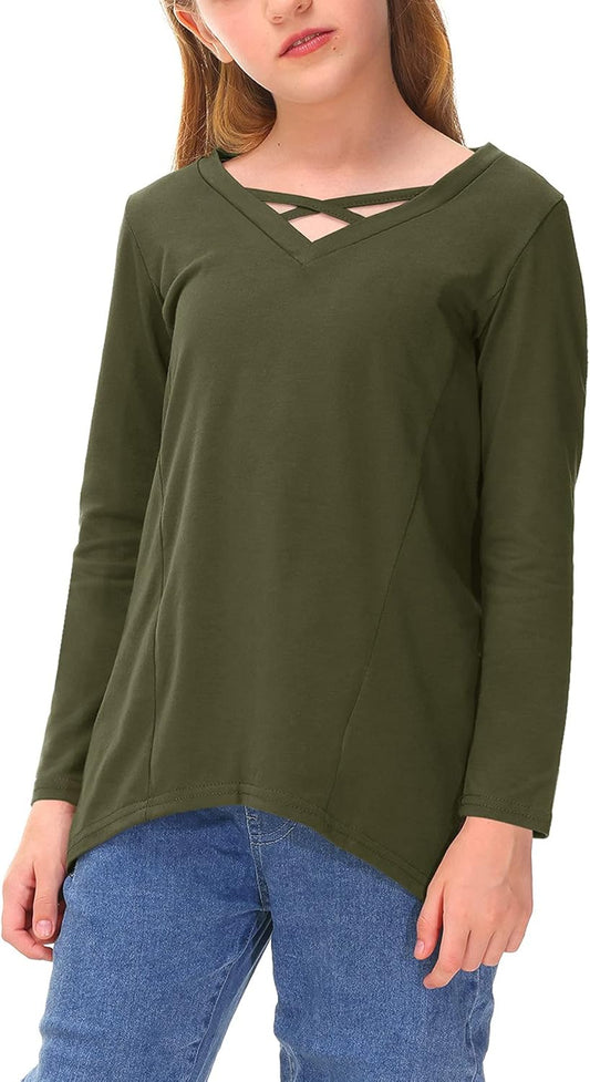 Besserbay Girls Solid Criss Cross Top V Neck Casual Long Sleeve Shirt 4-12 Years