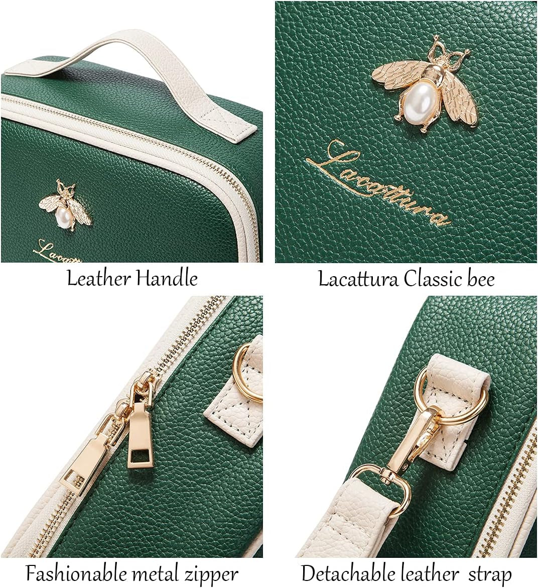 LACATTURA Travel Makeup Bag, Leather Makeup Train Case Cosmetic Organizer for Makeup Brushes Toiletry Digital Accessories, Portable Artist Storage Bag with Shoulder Strap for Women Lady Green