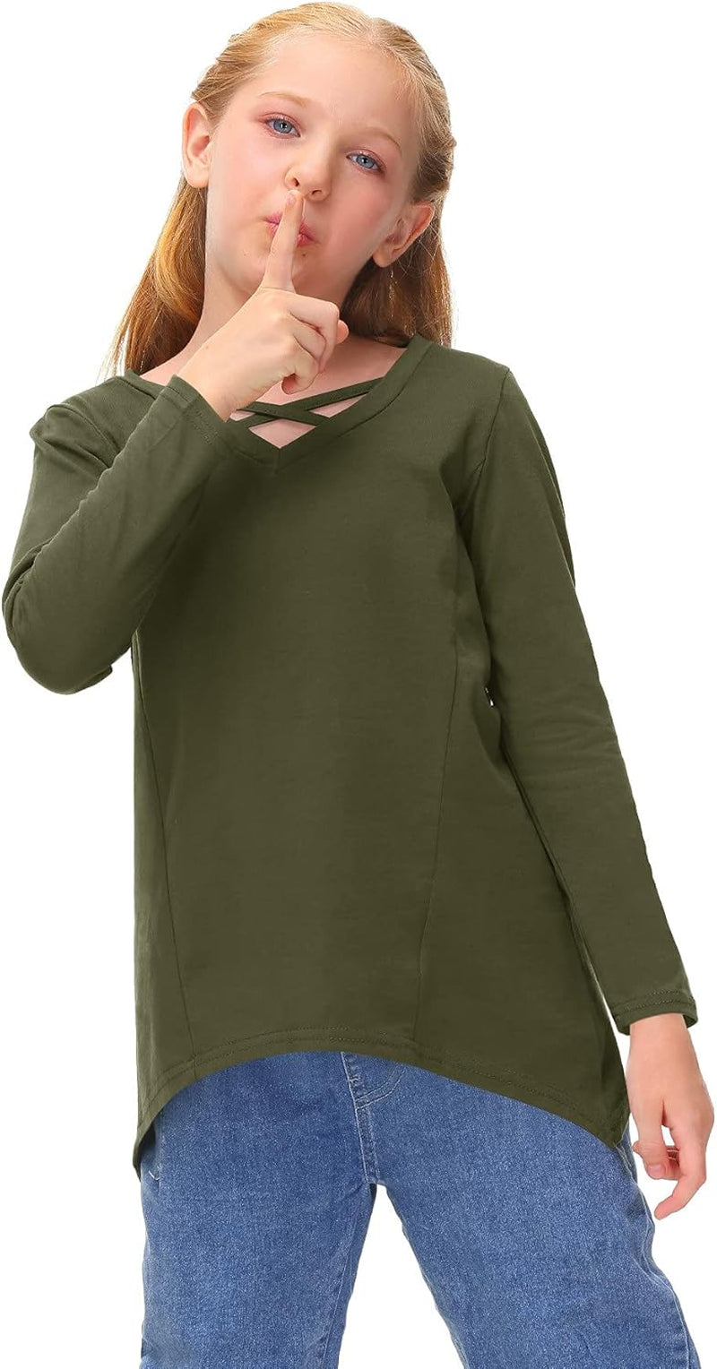 Besserbay Girls Solid Criss Cross Top V Neck Casual Long Sleeve Shirt 4-12 Years