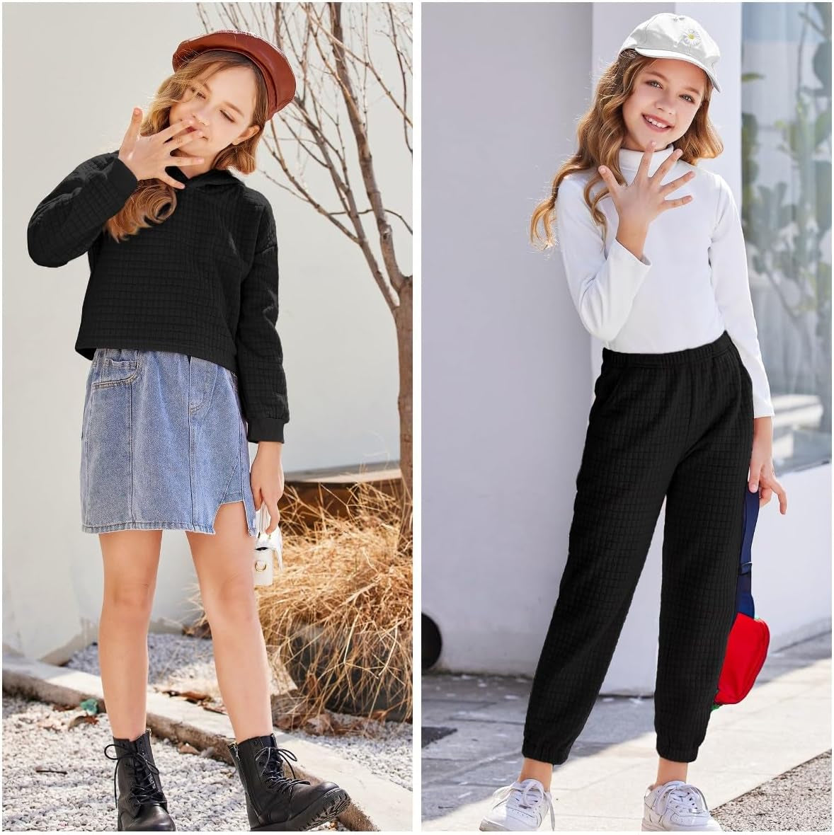 Arshiner Girls 2 Piece Outfit Waffle Knit Pullover Hooded Sweatshirt and Sweatpants Clothing Sets Long Sleeve Tracksuits