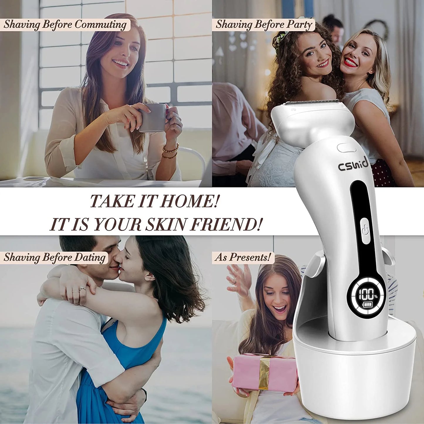 Electric Razor for Women, Painless Womens Electric Shaver, Low Noise Bikini Trimmer Body Hair Removal Rechargeable Wet/Dry Cordless Epilator with LCD Display & Charging Stand for Legs Arm Underarms