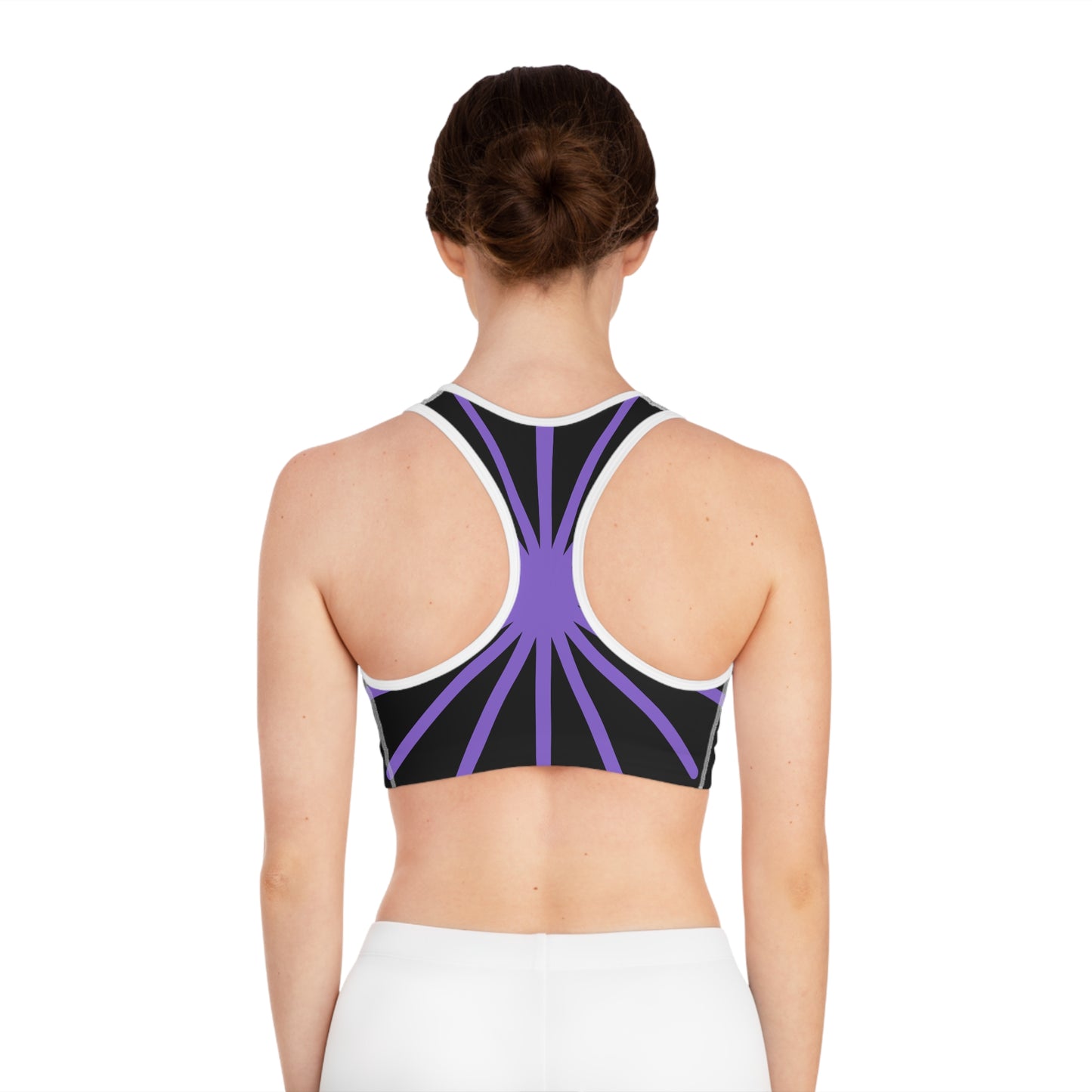 Purple Sunrays/ Black Base, Sports Bra (AOP)