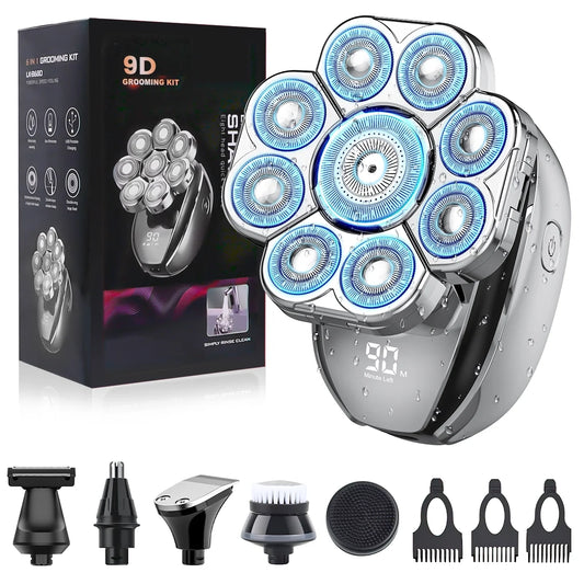 9D Head Shavers for Bald Men, Anti-Pinch Electric Razor, 6-In-1 Men’S Grooming Kit Beard Nose Hair Trimmer, IPX7 Waterproof Rechargeable Electric Shaver W/ LED Display, Travel Lock for Father Husband