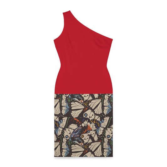 Burgundy Base, Butterflies Printed, Shoulder Dress (AOP)