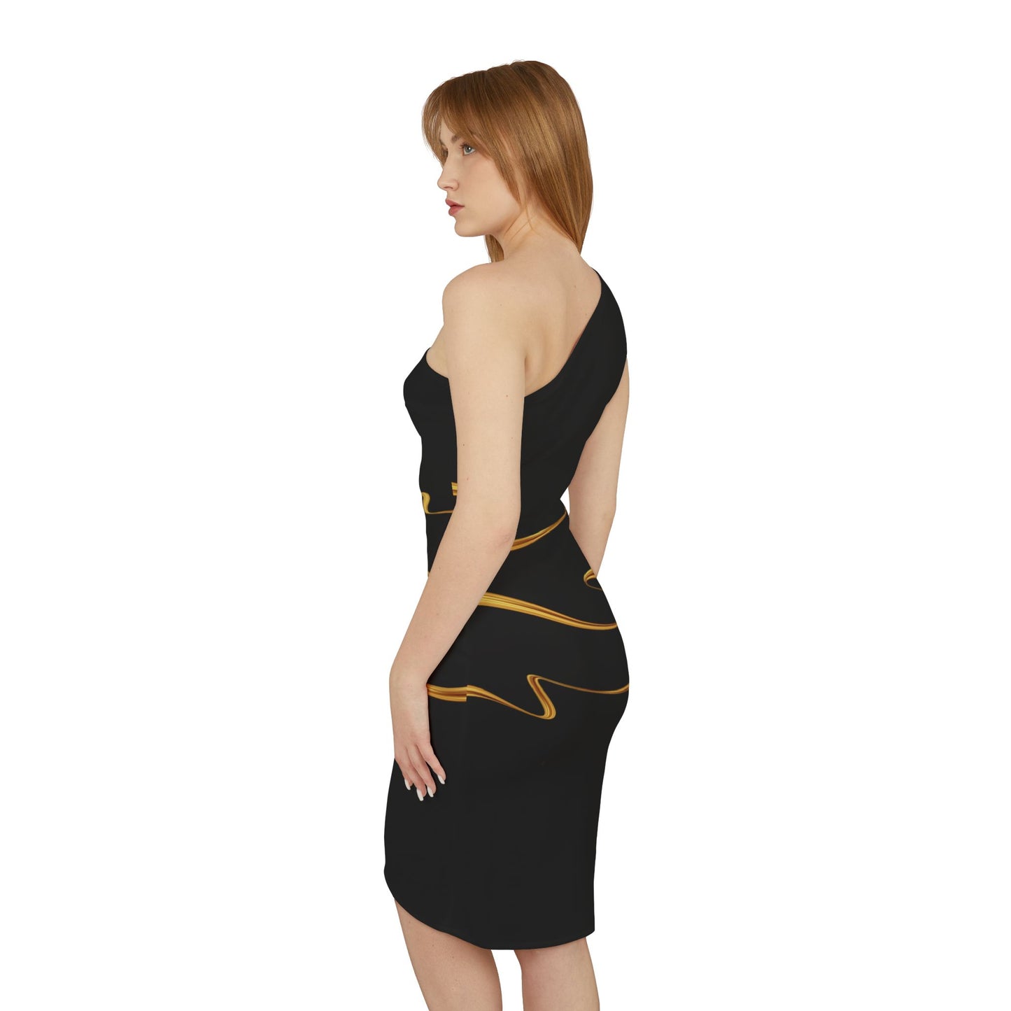 Black Base, Gold Printed, Shoulder Dress (AOP)