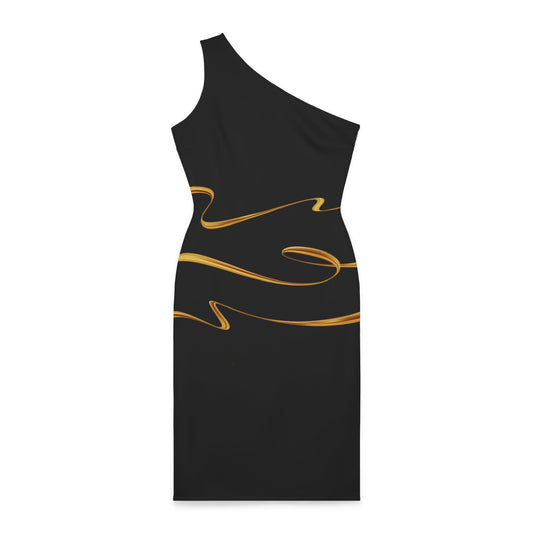 Black Base, Gold Printed, Shoulder Dress (AOP)