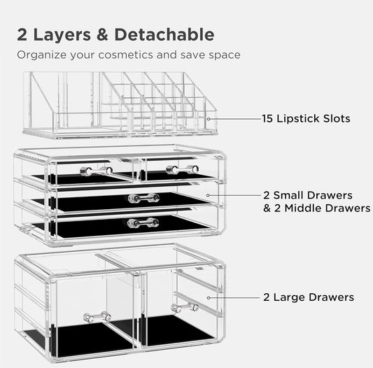 Hblife Acrylic Clear Dustproof Makeup Storage Organizer Drawers Large Skin Care Cosmetic Display Cases for Bathroom Stackable Storage Box with 6 Drawers for Vanity (Clear)