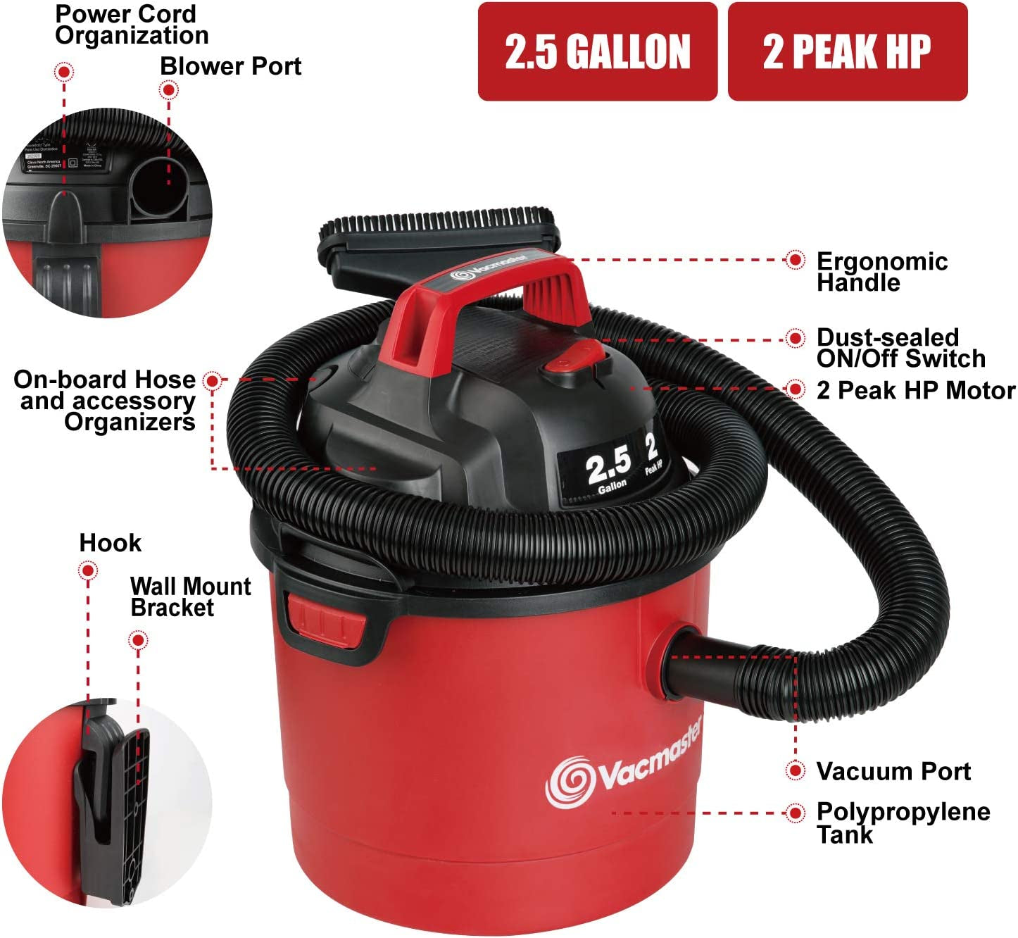 Vacmaster 2.5 Gallon Shop Vacuum Cleaner 2 Peak HP Power Suction Lightweight 3-In-1 Wet Dry Vacuum with Blower & Wall Mount Design for Cleaning Car, Boat, Pet Hair, Hard Floor