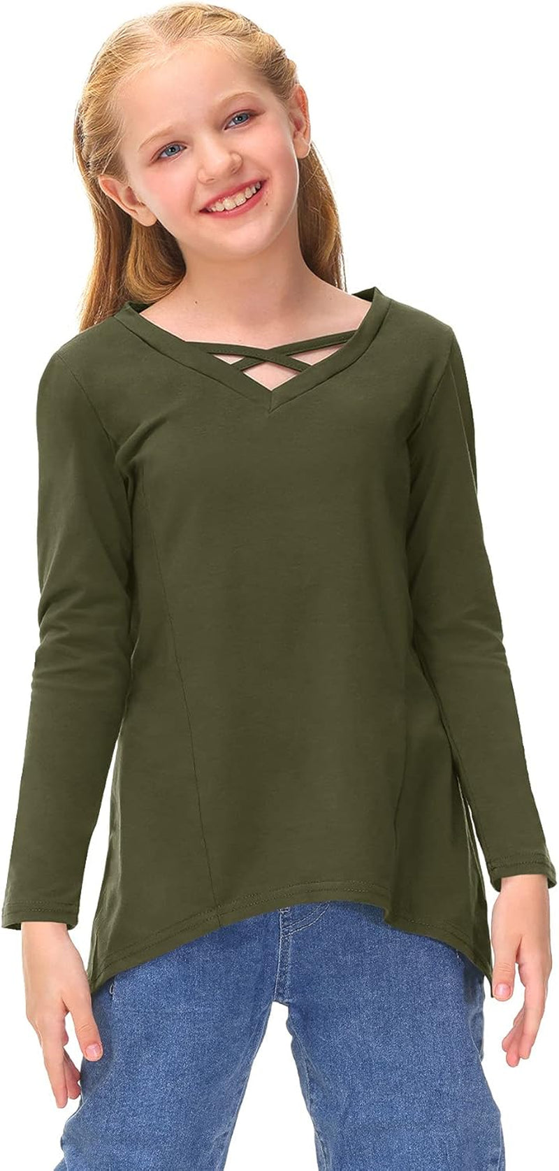 Besserbay Girls Solid Criss Cross Top V Neck Casual Long Sleeve Shirt 4-12 Years