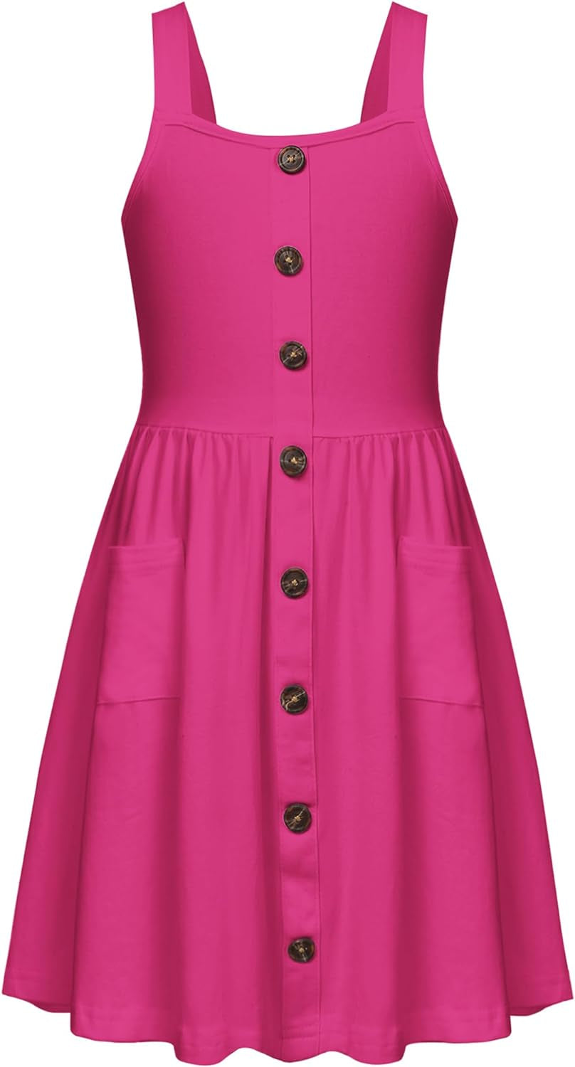 Arshiner Girl'S Spaghetti Strap Button down Midi Sleeveless Summer Casual Sundress A-Line Dress with Pockets
