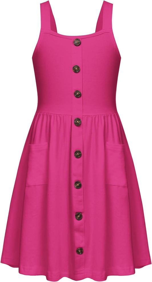 Arshiner Girl'S Spaghetti Strap Button down Midi Sleeveless Summer Casual Sundress A-Line Dress with Pockets