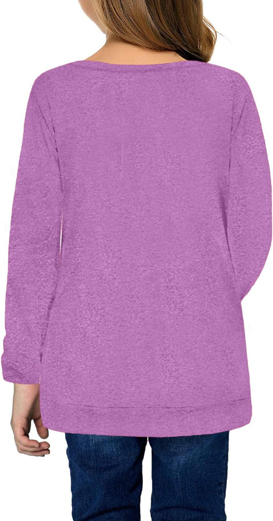 Ecokauer Girls Casual Tunic Tops Knot Front Long Sleeve Loose Soft Blouse T-Shirt Size 4-13