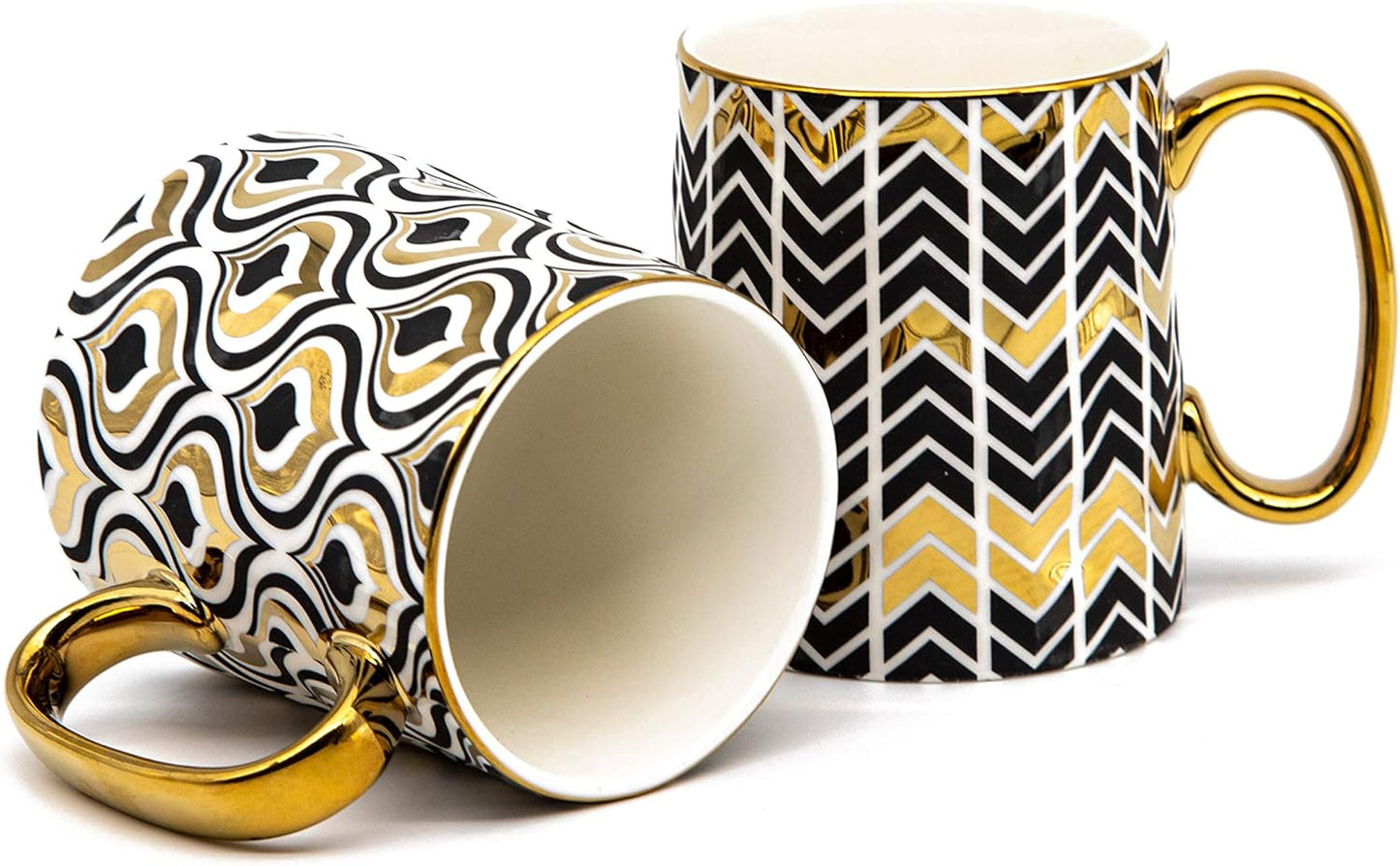 Kook Gold Coffee Mugs, Coffee Mug Set, Coffee Cup, Tea Cups, Porcelian, Geometric Design, Tea Cups with Handels, 14.8 Oz, Black and Gold, Set of 2