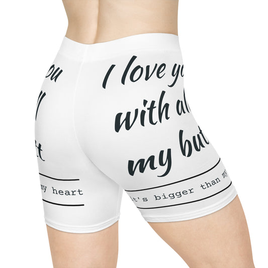 Funny Love/White Base, Women's Biker Shorts (AOP)