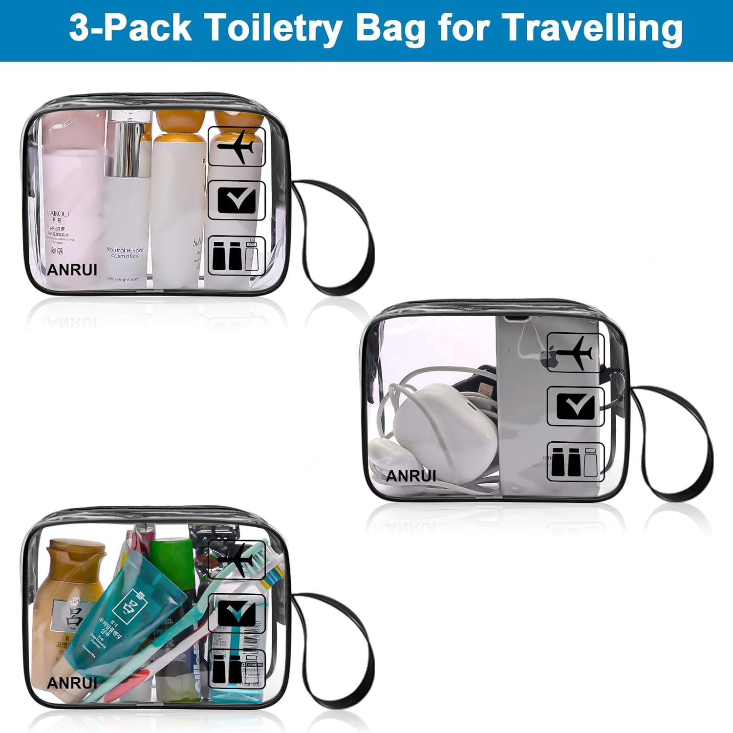 ANRUI TSA Approved Toiletry Bag, 3-PACK Same Size Clear Toiletry Bag with Handle