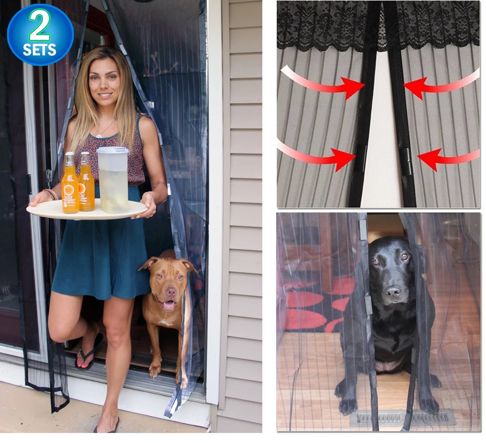 Magnetic Screen Mesh Door Full Frame Velcro Walk through Mosquito Screen Net - Hands-Free Automatic Snap Screen Closure Keeps Insects Bugs Out While Letting Fresh Air in (2 Sets)