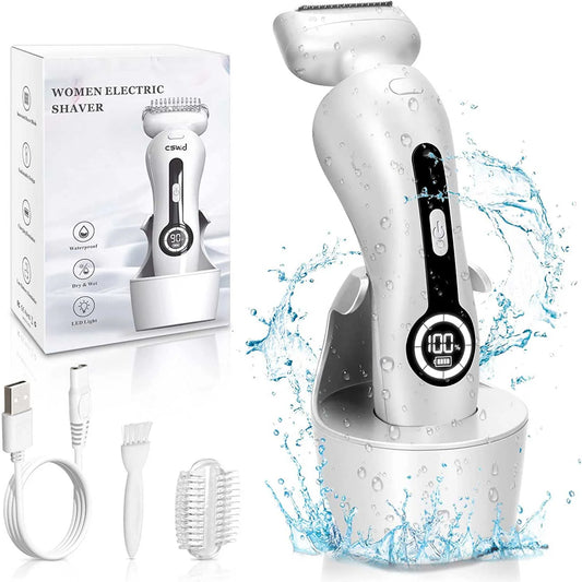 Electric Razor for Women, Painless Womens Electric Shaver, Low Noise Bikini Trimmer Body Hair Removal Rechargeable Wet/Dry Cordless Epilator with LCD Display & Charging Stand for Legs Arm Underarms