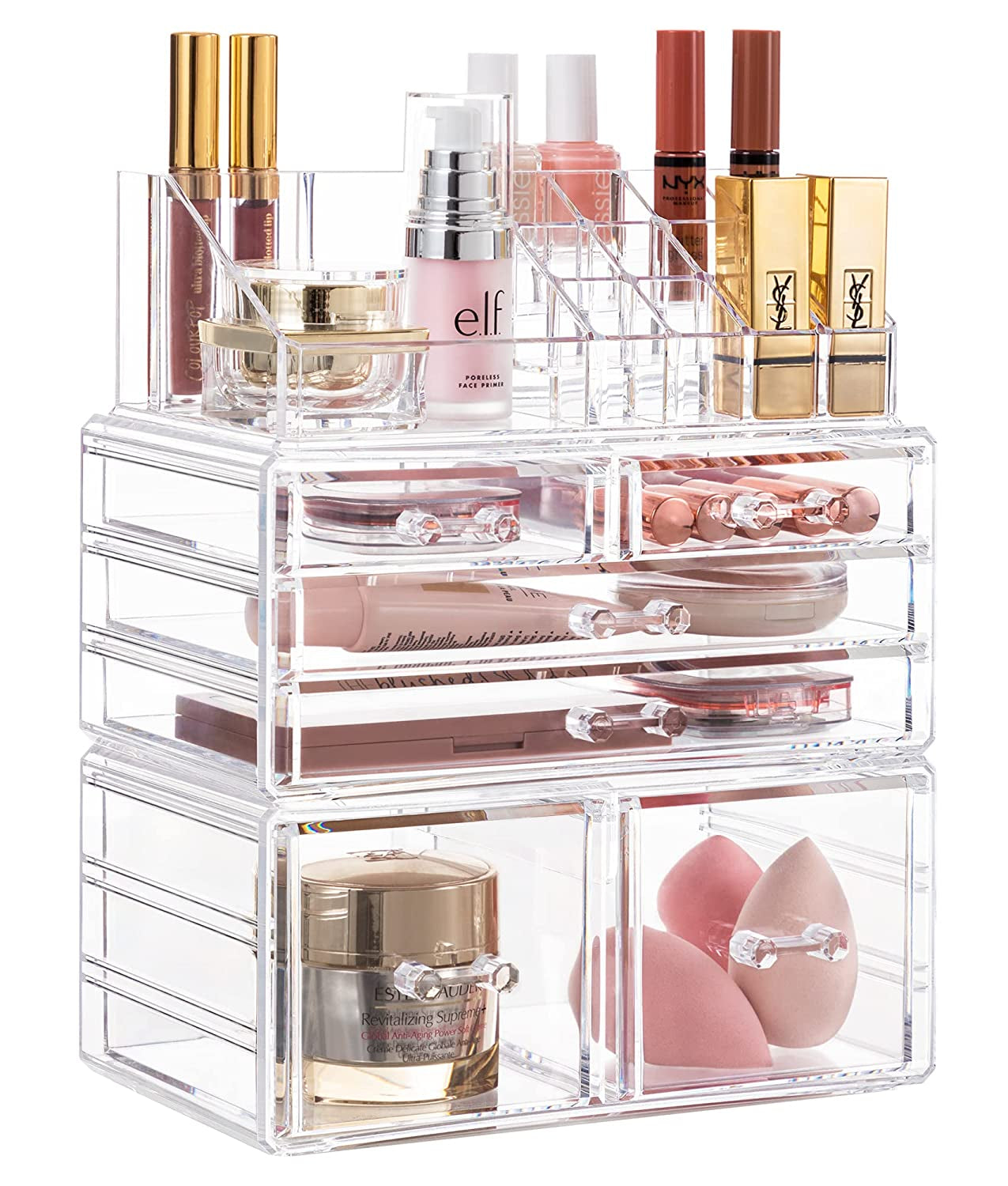 Hblife Acrylic Clear Dustproof Makeup Storage Organizer Drawers Large Skin Care Cosmetic Display Cases for Bathroom Stackable Storage Box with 6 Drawers for Vanity (Clear)