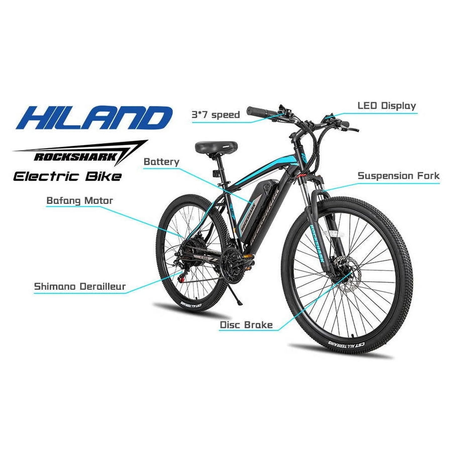 Rockshark Electric Bike Electric Mountain Bike Aluminum 26/27.5 Inch 350W 20MPH Adults E-Bike Shimano 21 Speed Disc Brake Suspension Fork with 36V 10.4Ah Removable Battery