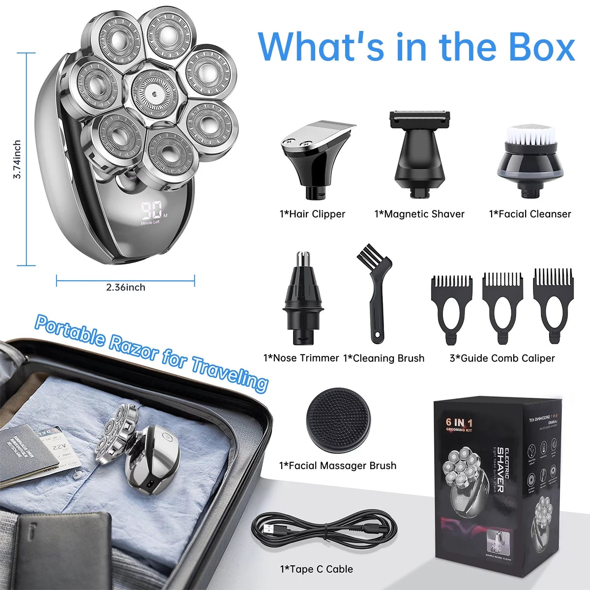 9D Head Shavers for Bald Men, Anti-Pinch Electric Razor, 6-In-1 Men’S Grooming Kit Beard Nose Hair Trimmer, IPX7 Waterproof Rechargeable Electric Shaver W/ LED Display, Travel Lock for Father Husband