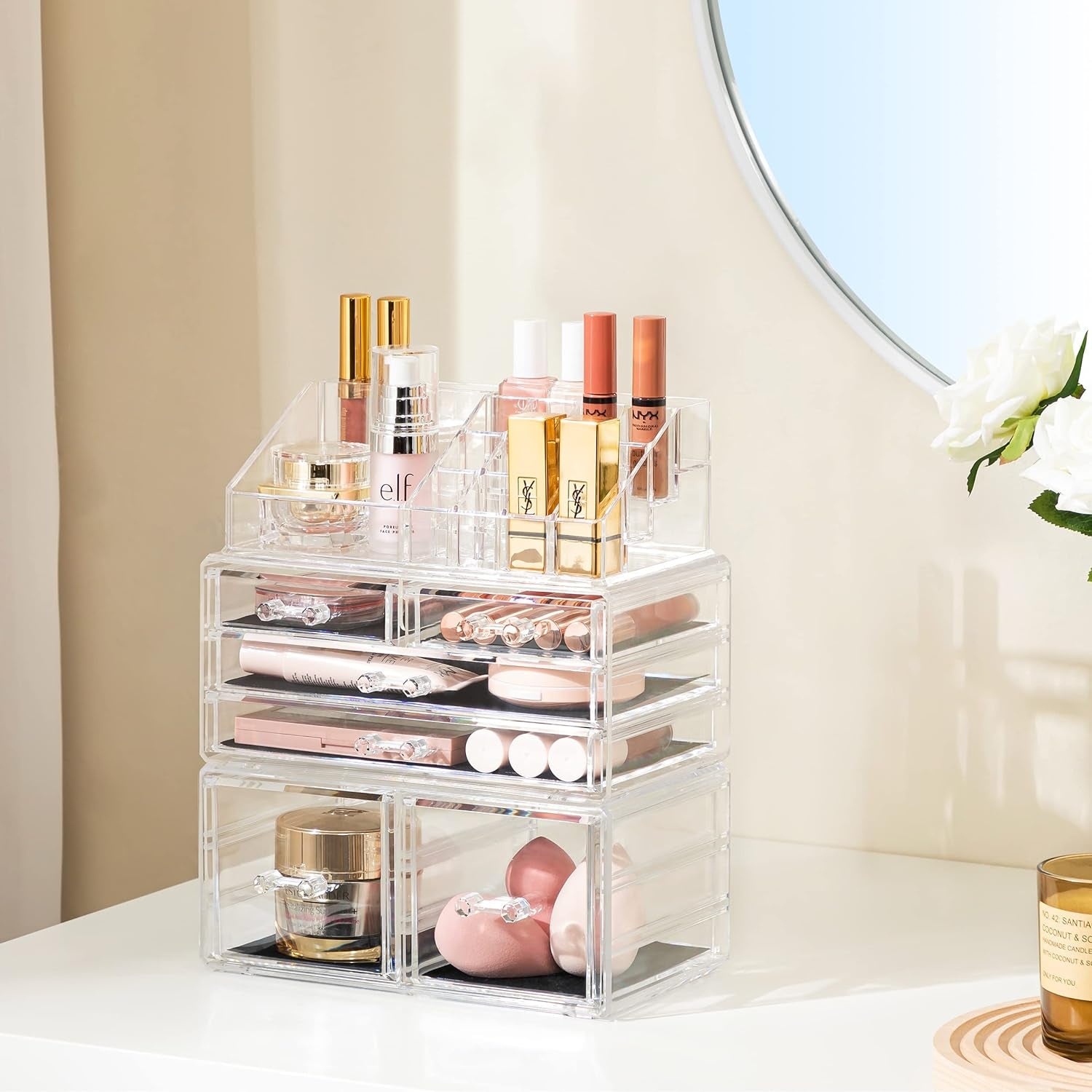Hblife Acrylic Clear Dustproof Makeup Storage Organizer Drawers Large Skin Care Cosmetic Display Cases for Bathroom Stackable Storage Box with 6 Drawers for Vanity (Clear)