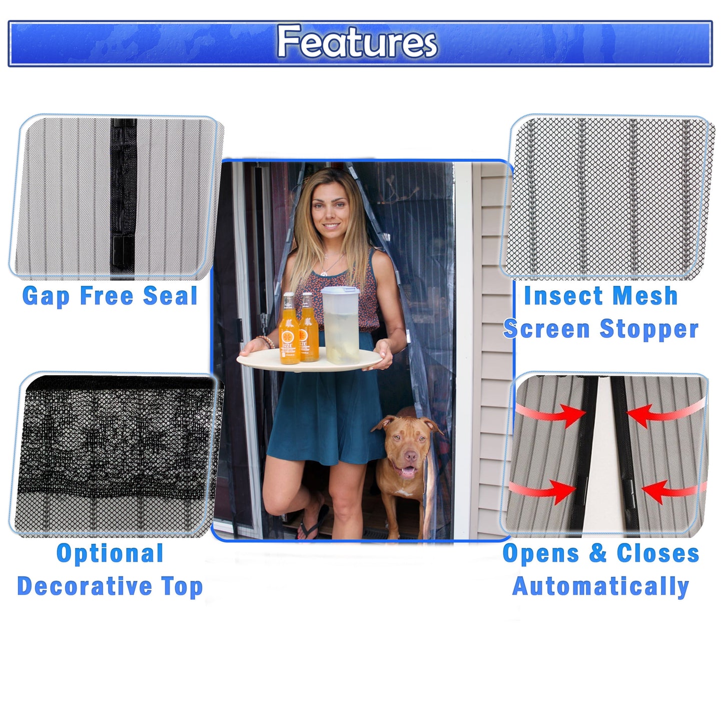 Magnetic Screen Mesh Door Full Frame Velcro Walk through Mosquito Screen Net - Hands-Free Automatic Snap Screen Closure Keeps Insects Bugs Out While Letting Fresh Air in (2 Sets)